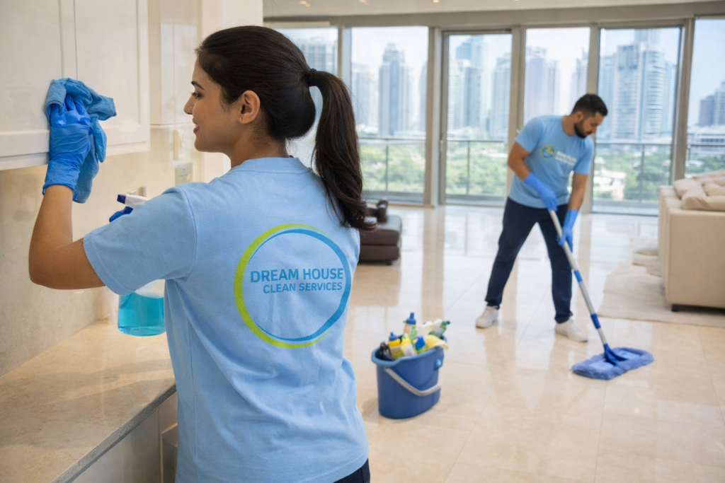 Professional cleaners cleaning a villa in dubai